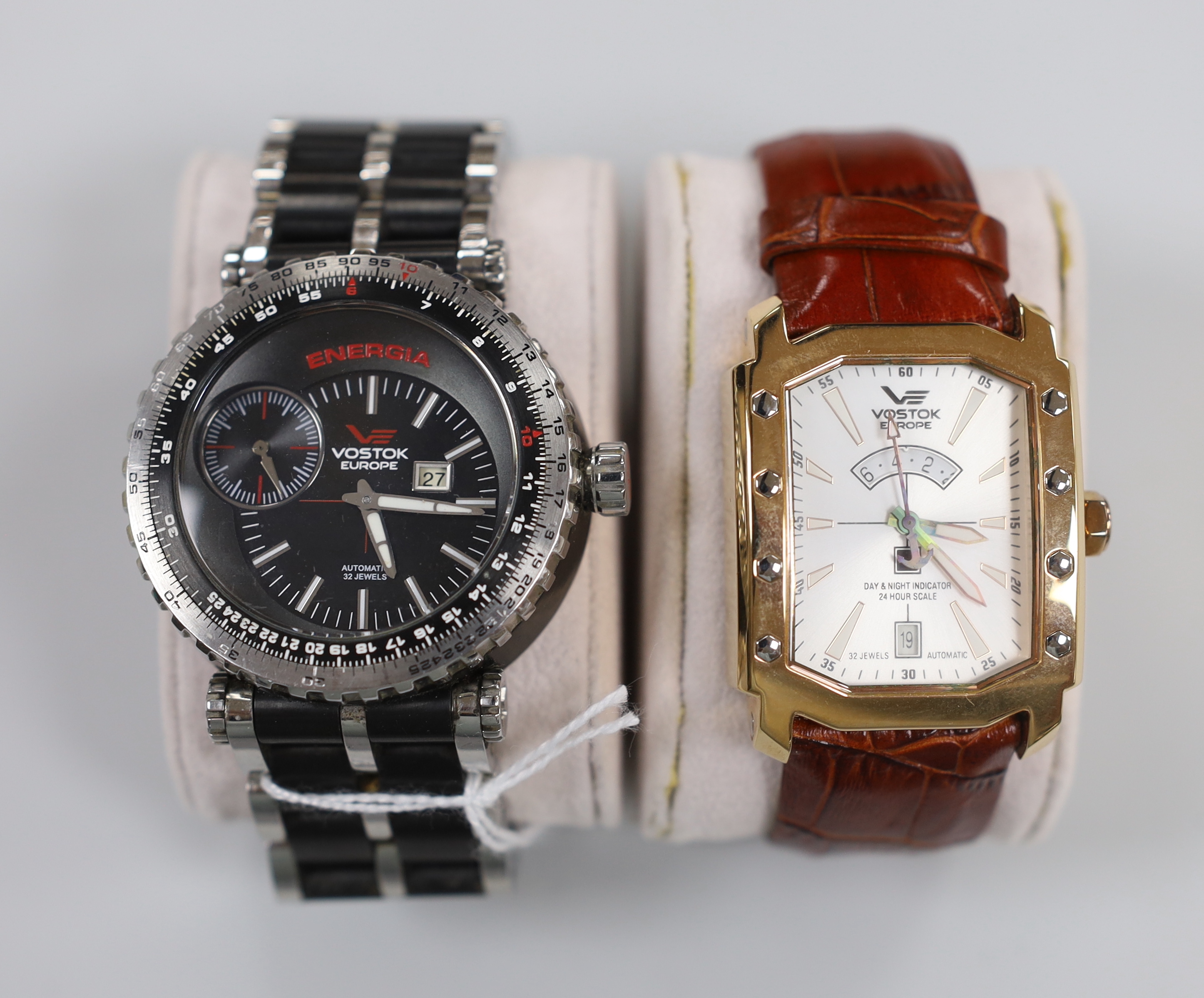 Two gentleman's modern steel or gilt steel Vostok Europe wrist watches including Energia Launch Vehicle and Arktika.